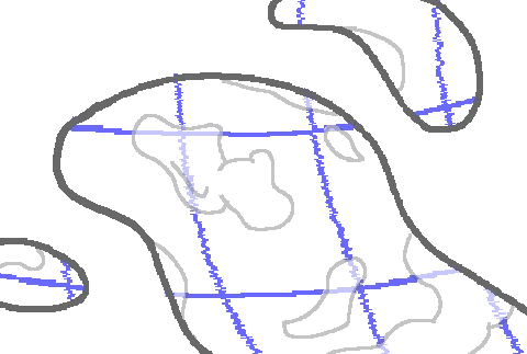 Illustration of pools of water reflecting the skies above. There are odd 
		grid lines in the reflection.
